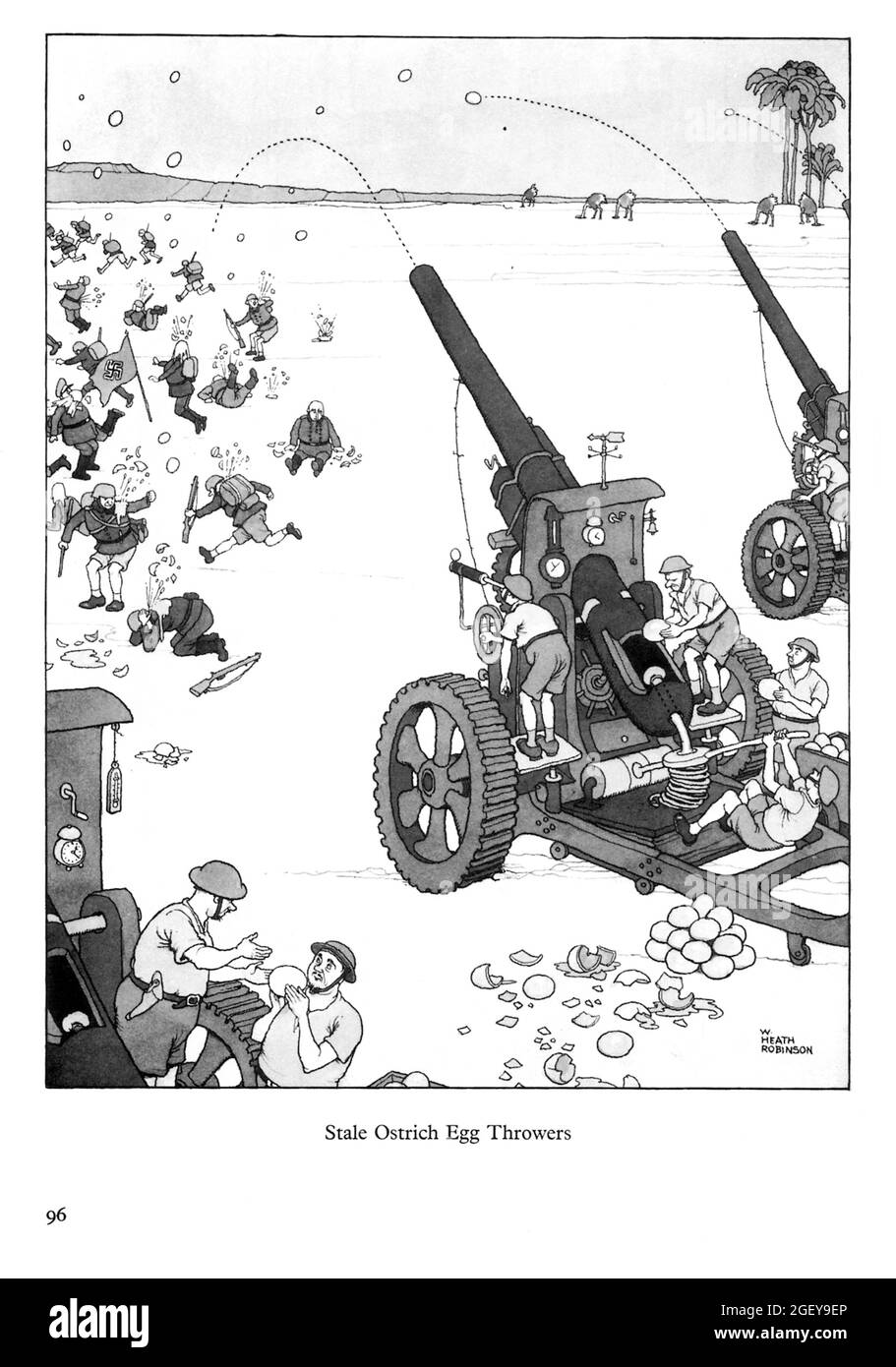 Page from William Heath Robinson (1872-1944) Inventions: Stale Ostrich Egg Throwers Stock Photo