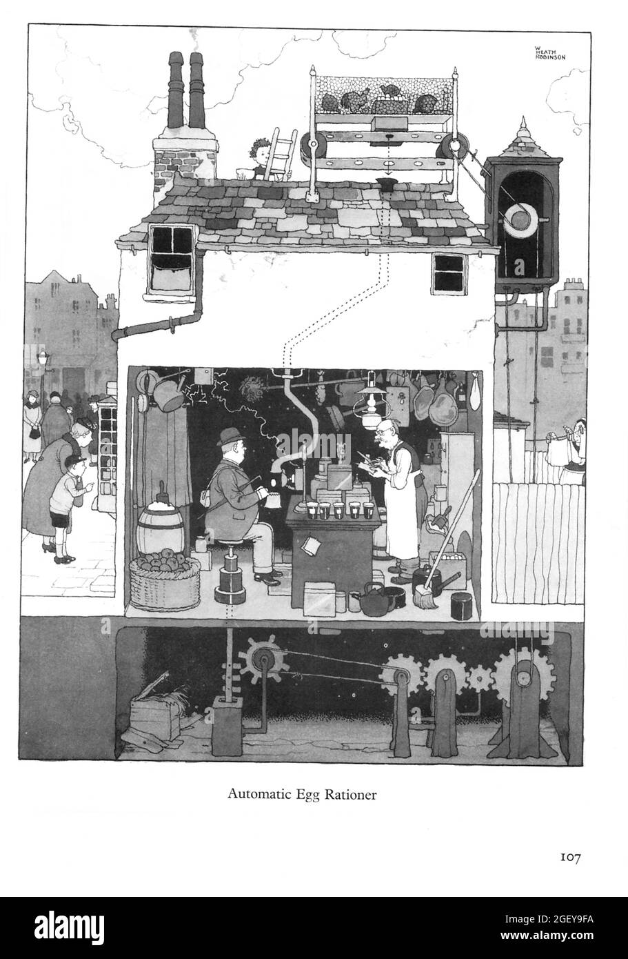 Page from William Heath Robinson (1872-1944) Inventions: Automatic Egg  rationer Stock Photo