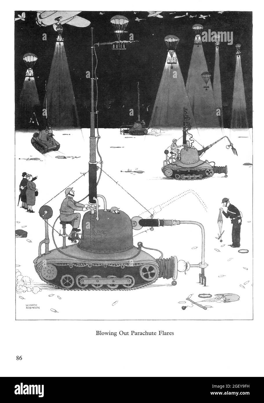 Page from William Heath Robinson (1872-1944) Inventions: Blowing out Parachute Flares Stock Photo