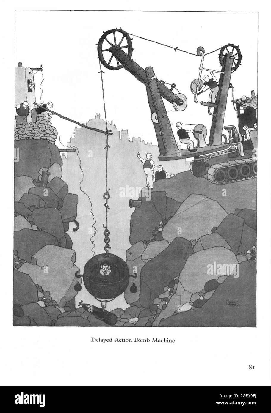 Page from William Heath Robinson (1872-1944) Inventions: Delayed Action Bomb Machine Stock Photo