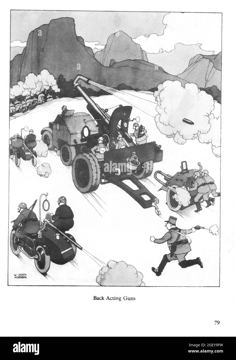 Page from William Heath Robinson (1872-1944) Inventions: Back Acting Guns Stock Photo