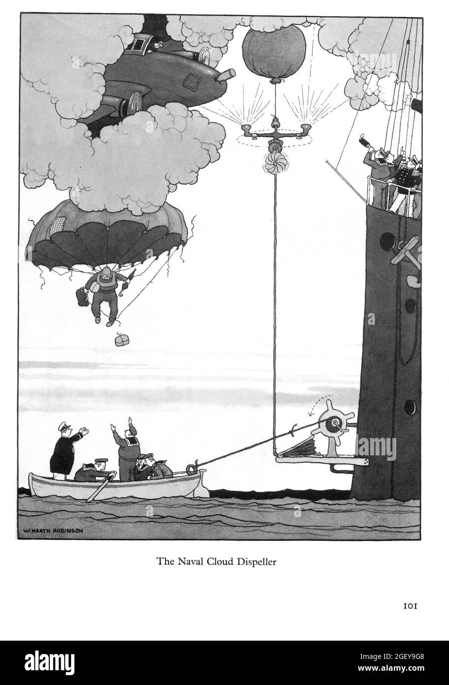 Page from William Heath Robinson (1872-1944) Inventions: The Naval Cloud Dispeller Stock Photo
