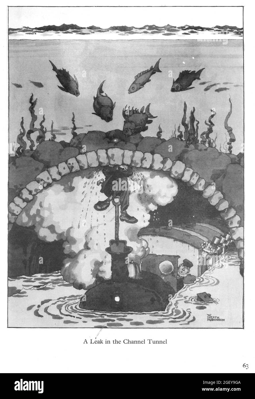 Page from William Heath Robinson (1872-1944) Inventions: A leak in the Channel Tunnel Stock Photo