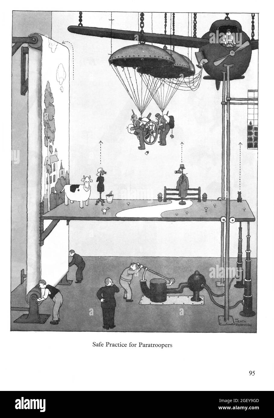 Page from William Heath Robinson (1872-1944) Inventions: Safe Practice for Paratroopers Stock Photo