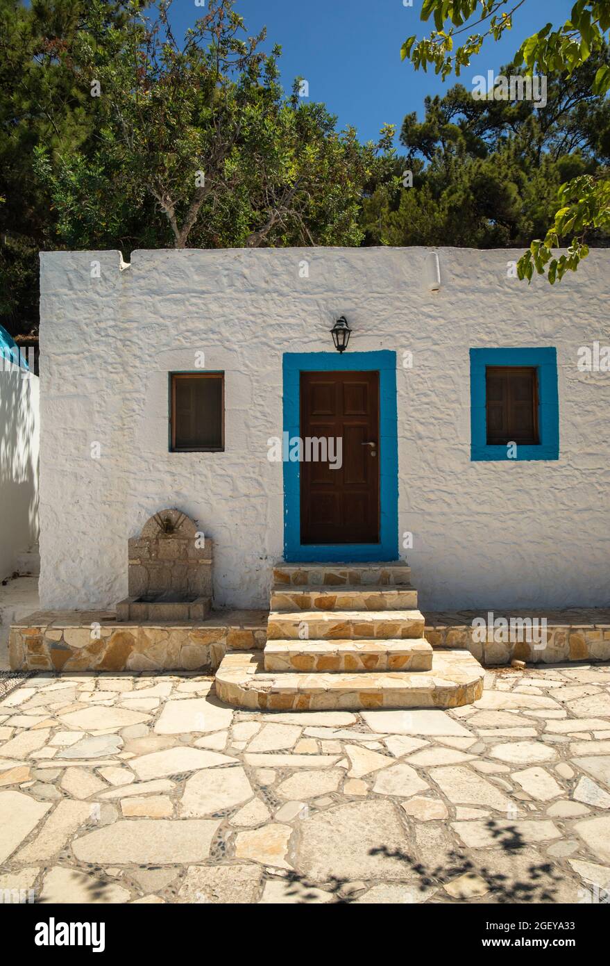 Agios Ioannis Monastery. Traditional blue and white Greek architecture,  Kefalos, Kos, Dodecanese Islands, Greece Stock Photo - Alamy