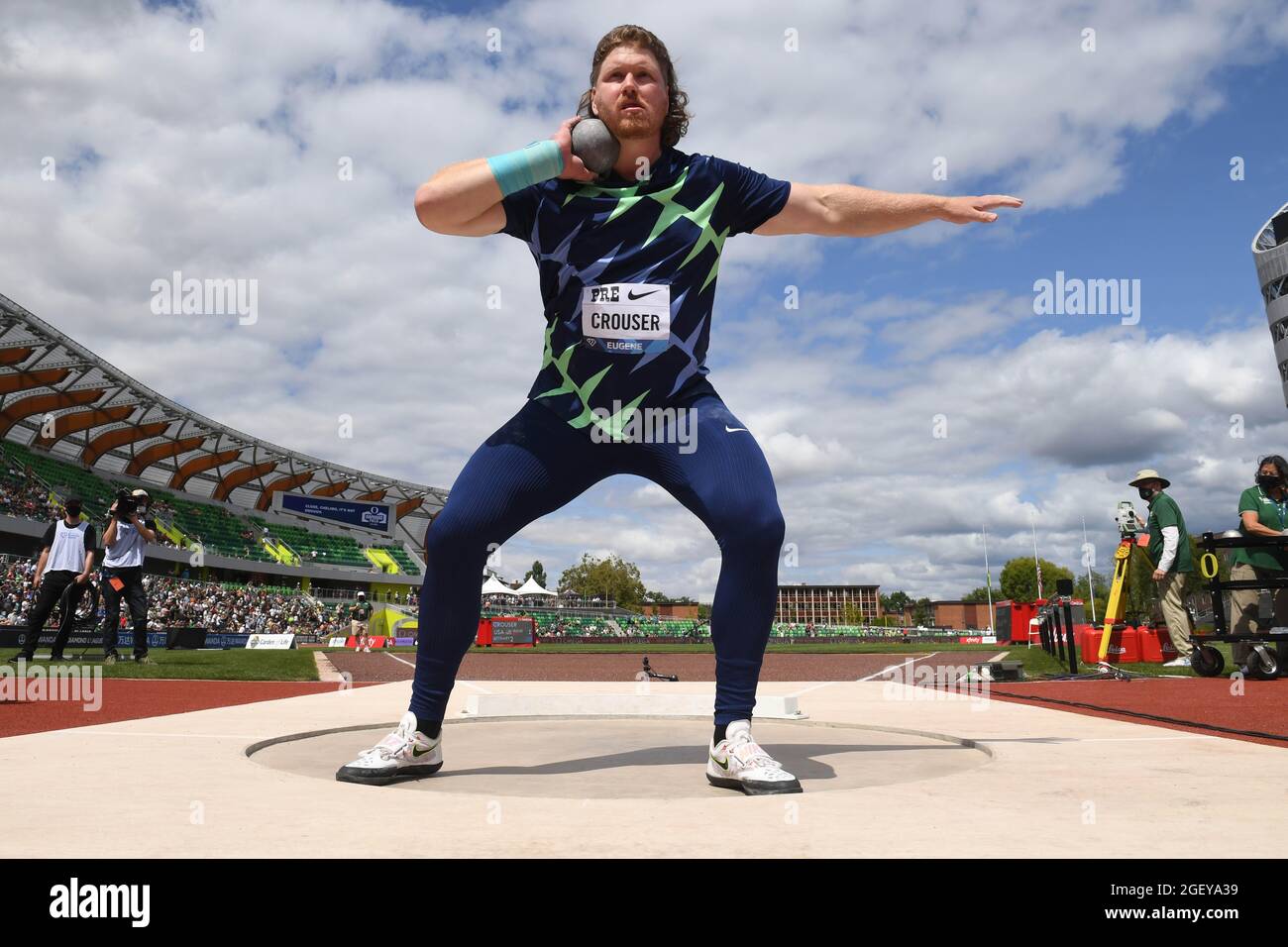 Ryan Crouser (USA) wins the shot put with a throw of 75-11 1/2 (23.15m) during the 46th Prefontaine Classic, Saturday, Aug 21, 2021, in Eugene, Ore. Stock Photo