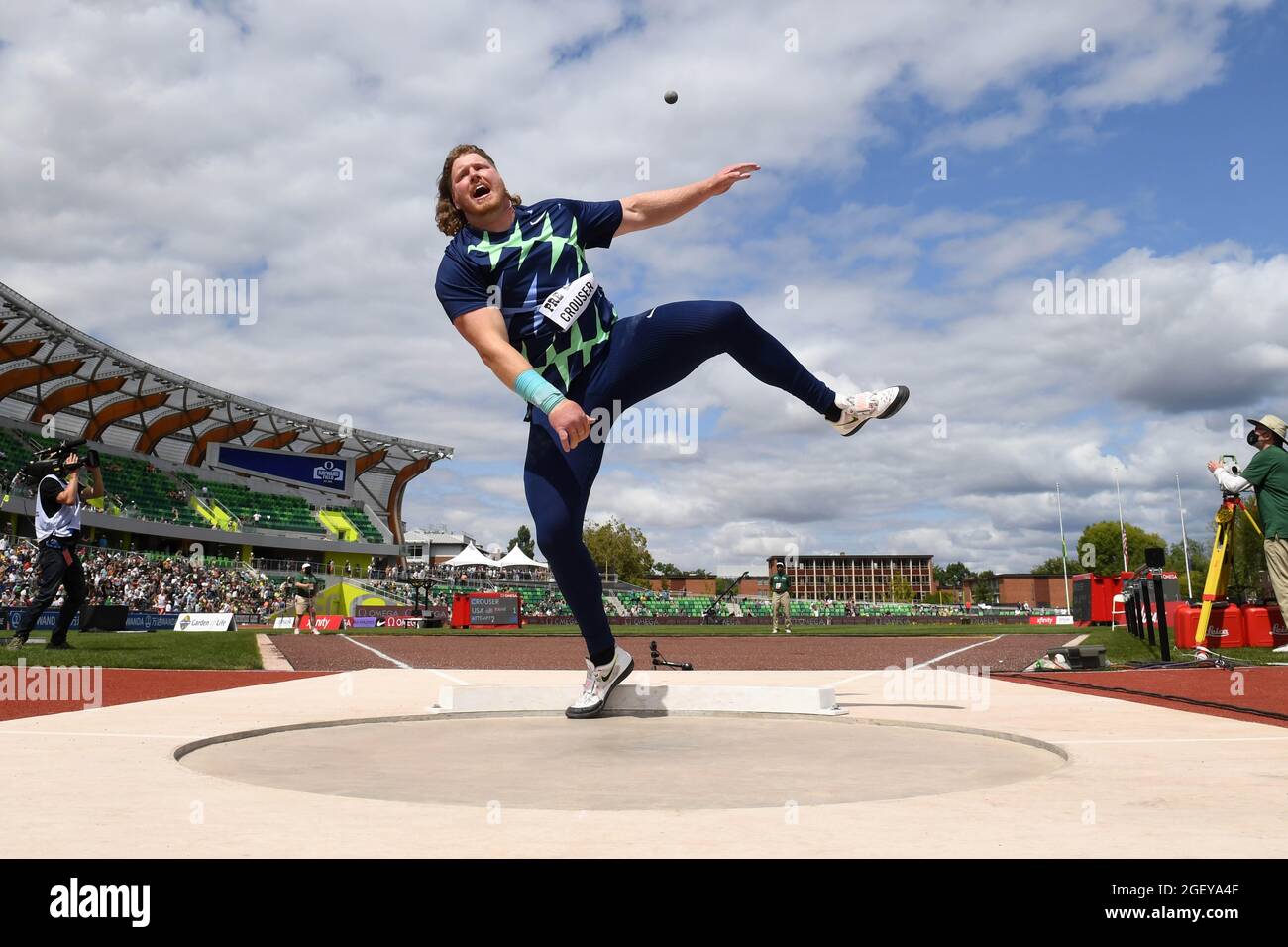 Ryan Crouser (USA) wins the shot put with a throw of 75-11 1/2 (23.15m) during the 46th Prefontaine Classic, Saturday, Aug 21, 2021, in Eugene, Ore. Stock Photo
