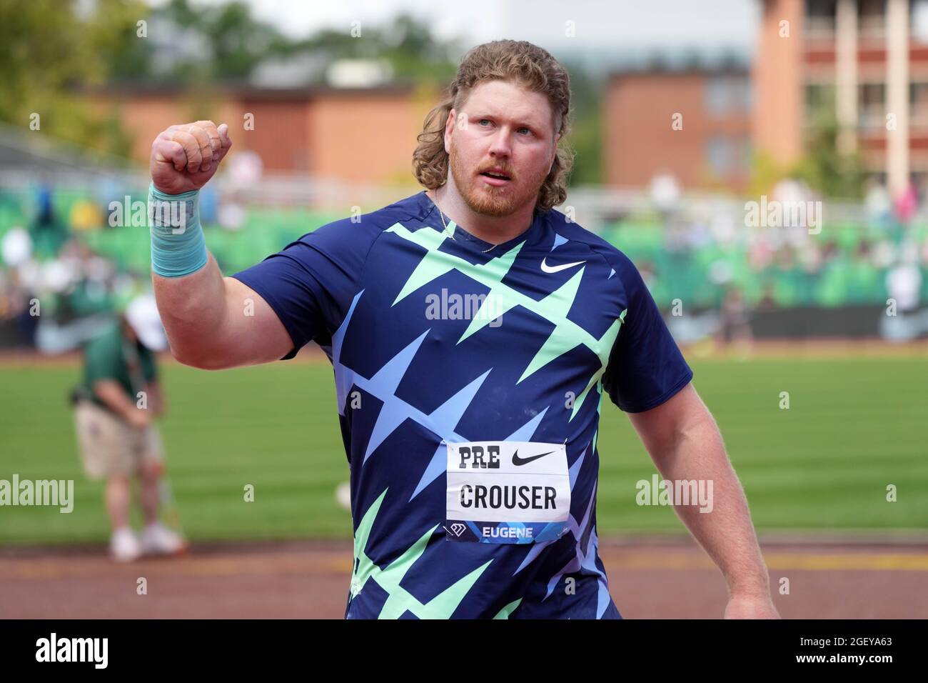 Ryan Crouser (USA) celebrates after winning the shot put with a throw of 75-11 1/2 (23.15m) during the 46th Prefontaine Classic, Saturday, Aug 21, 202 Stock Photo