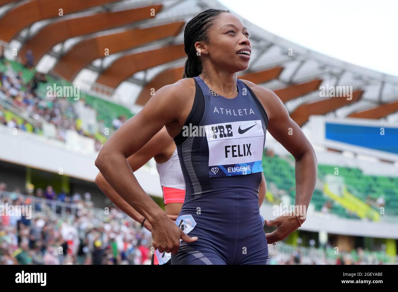 Allyson Felix (USA) reacts after the women's 200m during the 46th Prefontaine Classic, Saturday, Aug 21, 2021, in Eugene, Ore. Stock Photo
