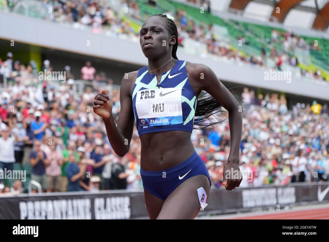 Athing Mu (USA) wins the women's 800m in a meet-record 1:55.04 during the 46th Prefontaine Classic, Saturday, Aug 21, 2021, in Eugene, Ore. Stock Photo