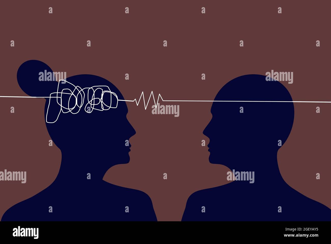 Man and Woman Psychology concept human head silhouette with male and female. Women thinking VS Men thinking, Easy and complicated. Mental Health and D Stock Photo