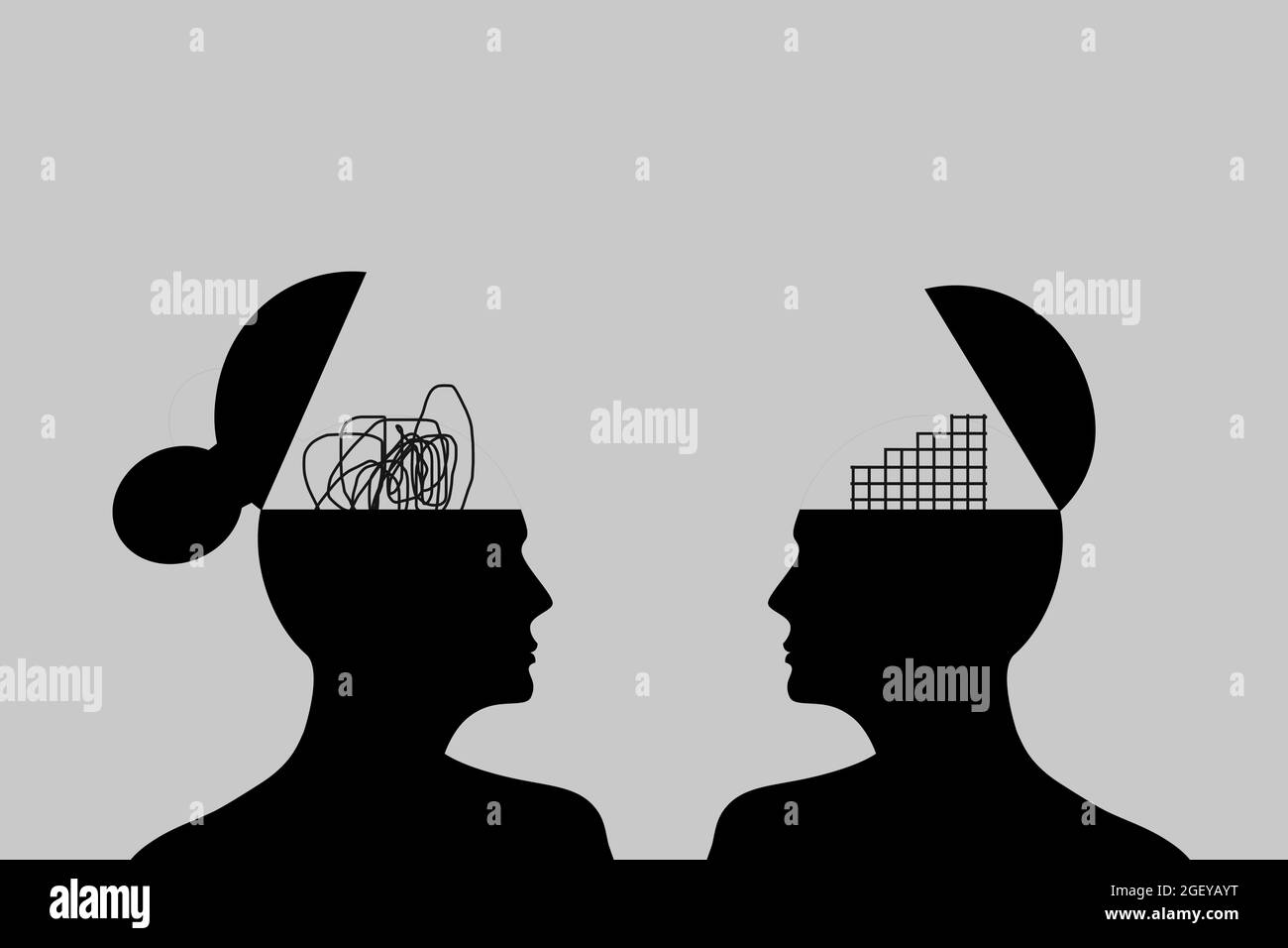 Men and Women Psychology concept. male and female head face to face with Different way of thinking or Thoughts psychological differences between males Stock Photo