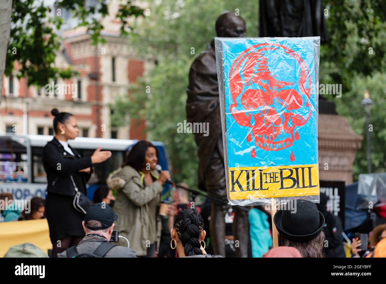 London, UK. 21 August 2021. 'Kill The Bill' protest in London against the government's proposed Police, Crime, Sentencing and Courts Bill. Stock Photo