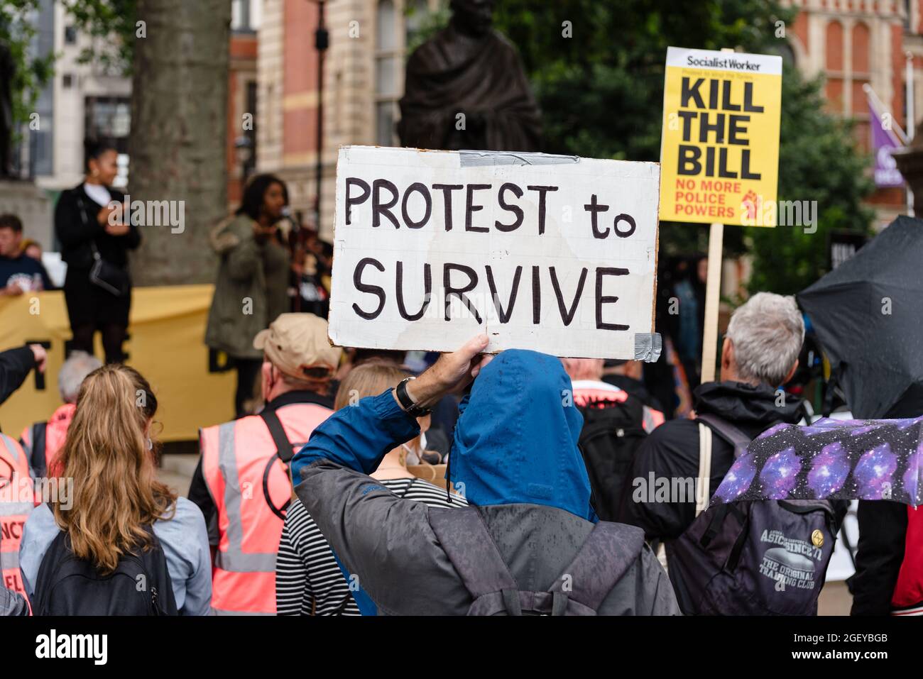 London, UK. 21 August 2021. 'Kill The Bill' protest in London against the government's proposed Police, Crime, Sentencing and Courts Bill. Stock Photo