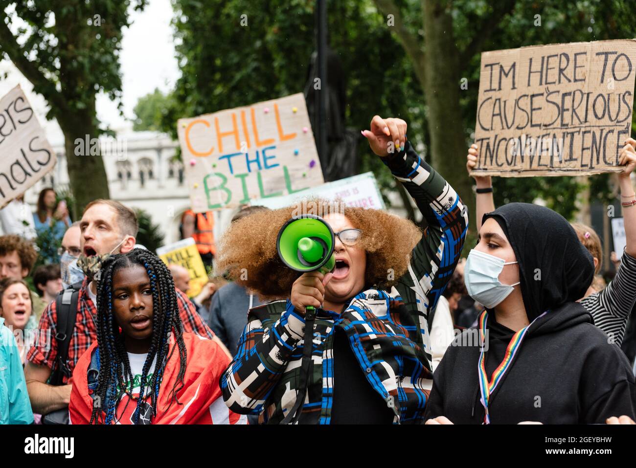 London, UK. 21 August 2021. 'Kill The Bill' protest in London against the government's proposed Police, Crime, Sentencing and Courts Bill. Stock Photo