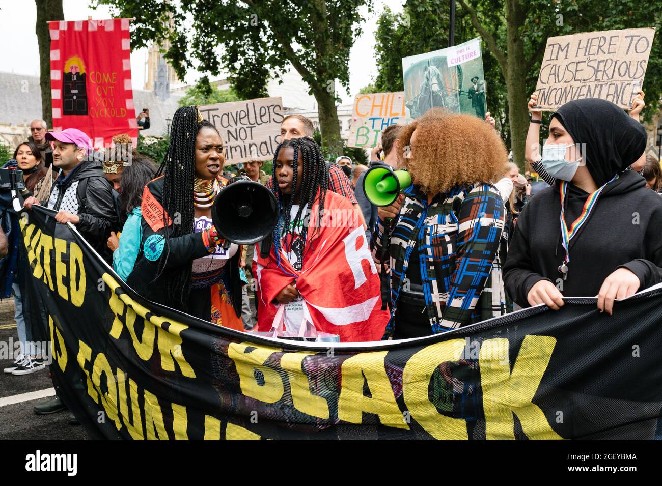 London, UK. 21 August 2021. 'Kill The Bill' protest in London against the government's proposed Police, Crime, Sentencing and Courts Bill. Stock Photo