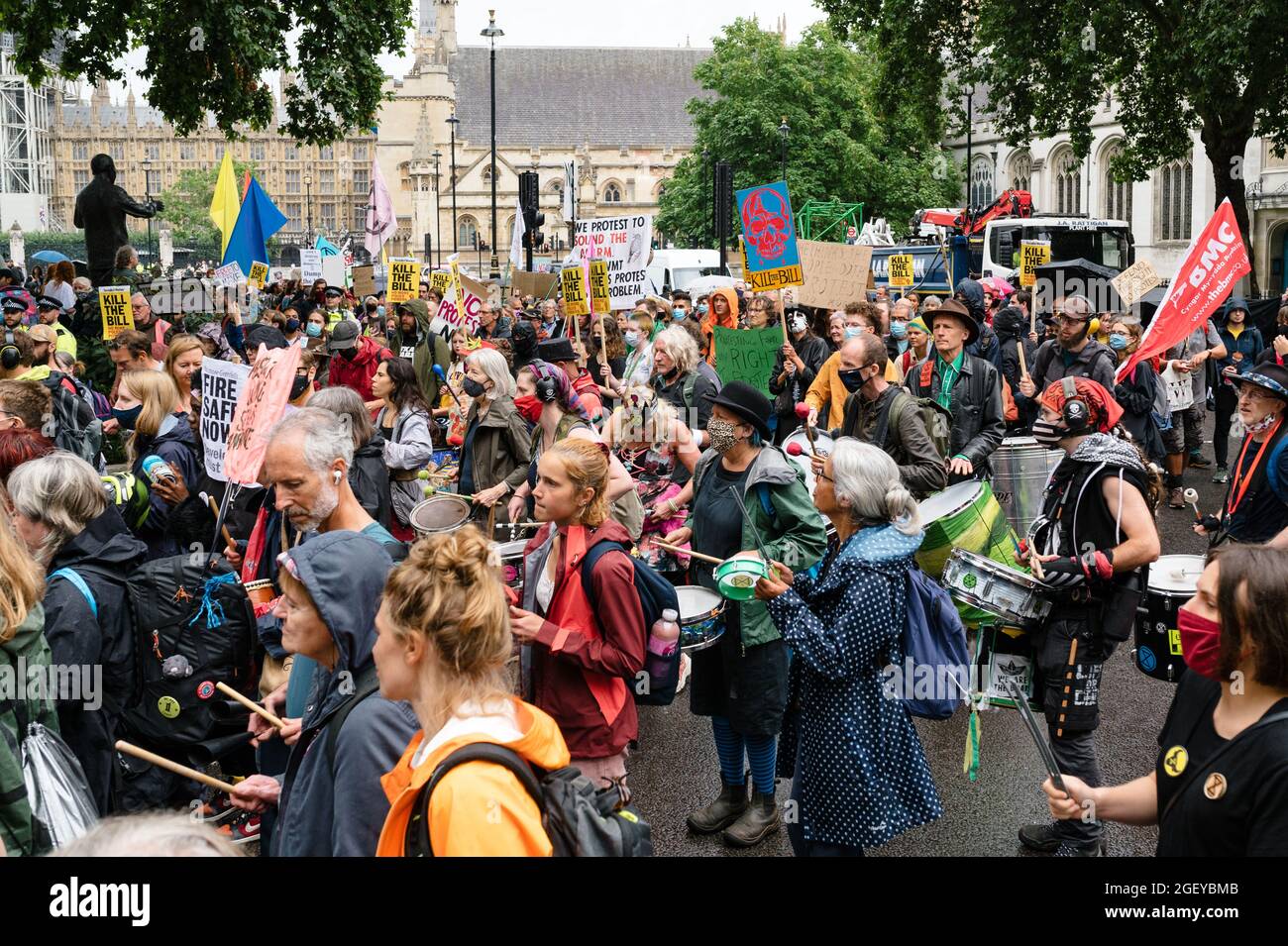 London, UK. 21 August 2021. 'Kill The Bill' protest in London against the government's proposed Police, Crime, Sentencing and Courts Bill. Stock Photo