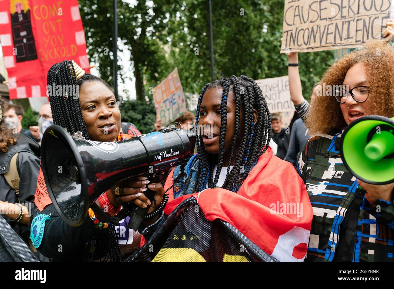 London, UK. 21 August 2021. 'Kill The Bill' protest in London against the government's proposed Police, Crime, Sentencing and Courts Bill. Stock Photo