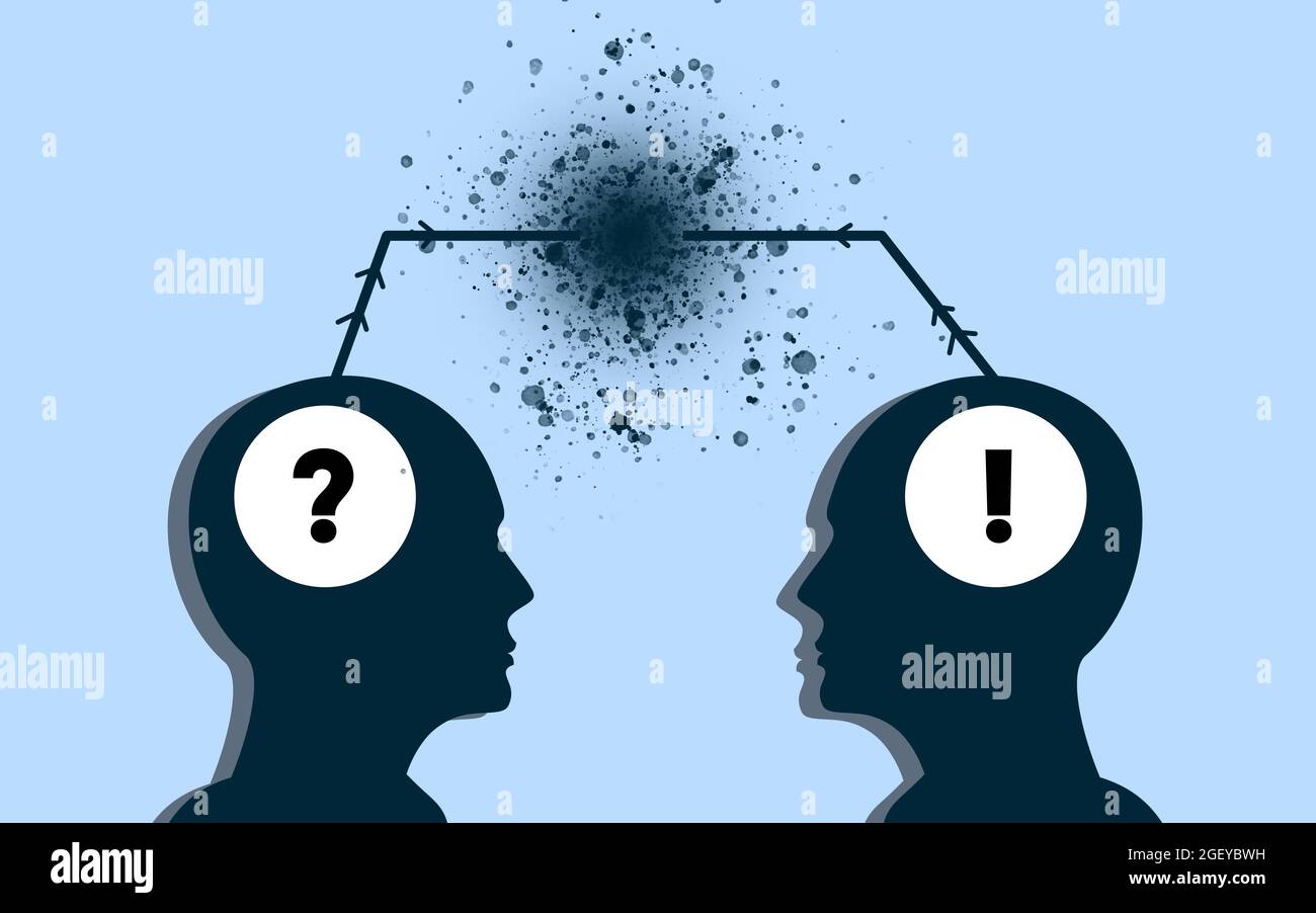 Connection between two person's thoughts with question mark and explanation point on their brain. shock and explosive reaction. Co,ceotuel idea human Stock Photo