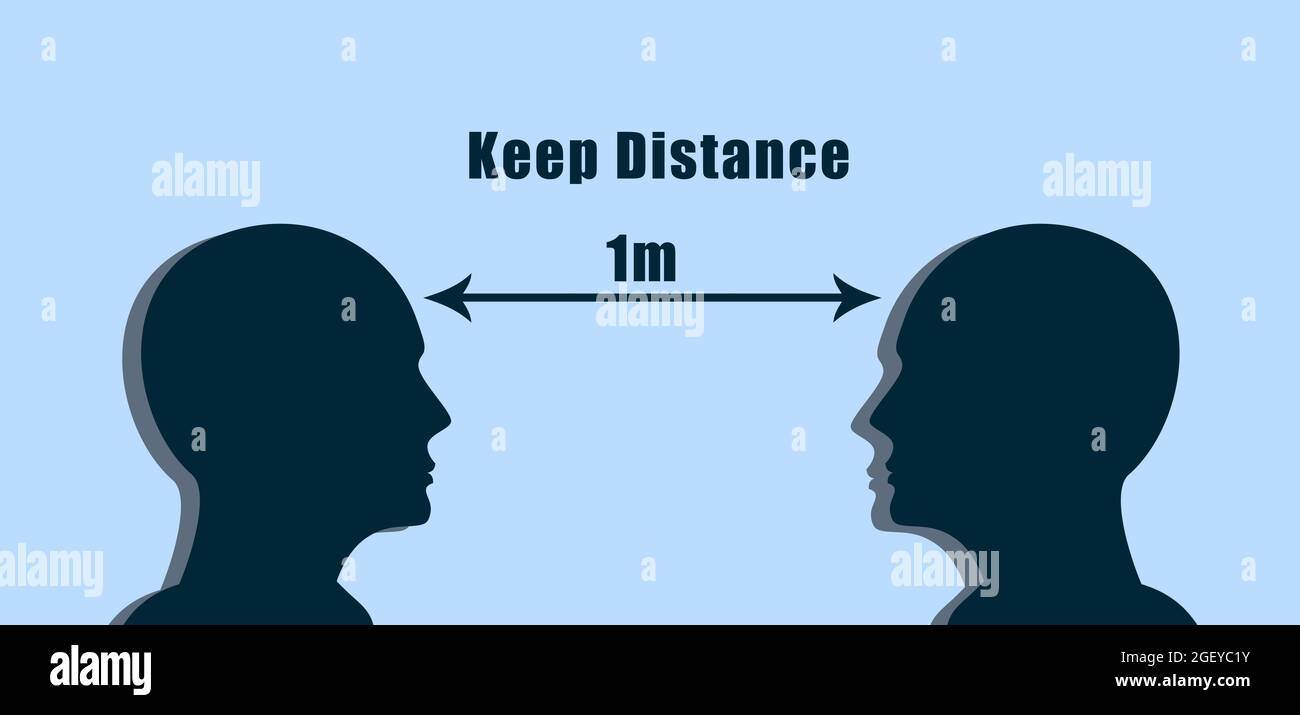 Keep distance One meter. Two Human head face to face with 1m distance, Covid Prevention concept Stock Photo