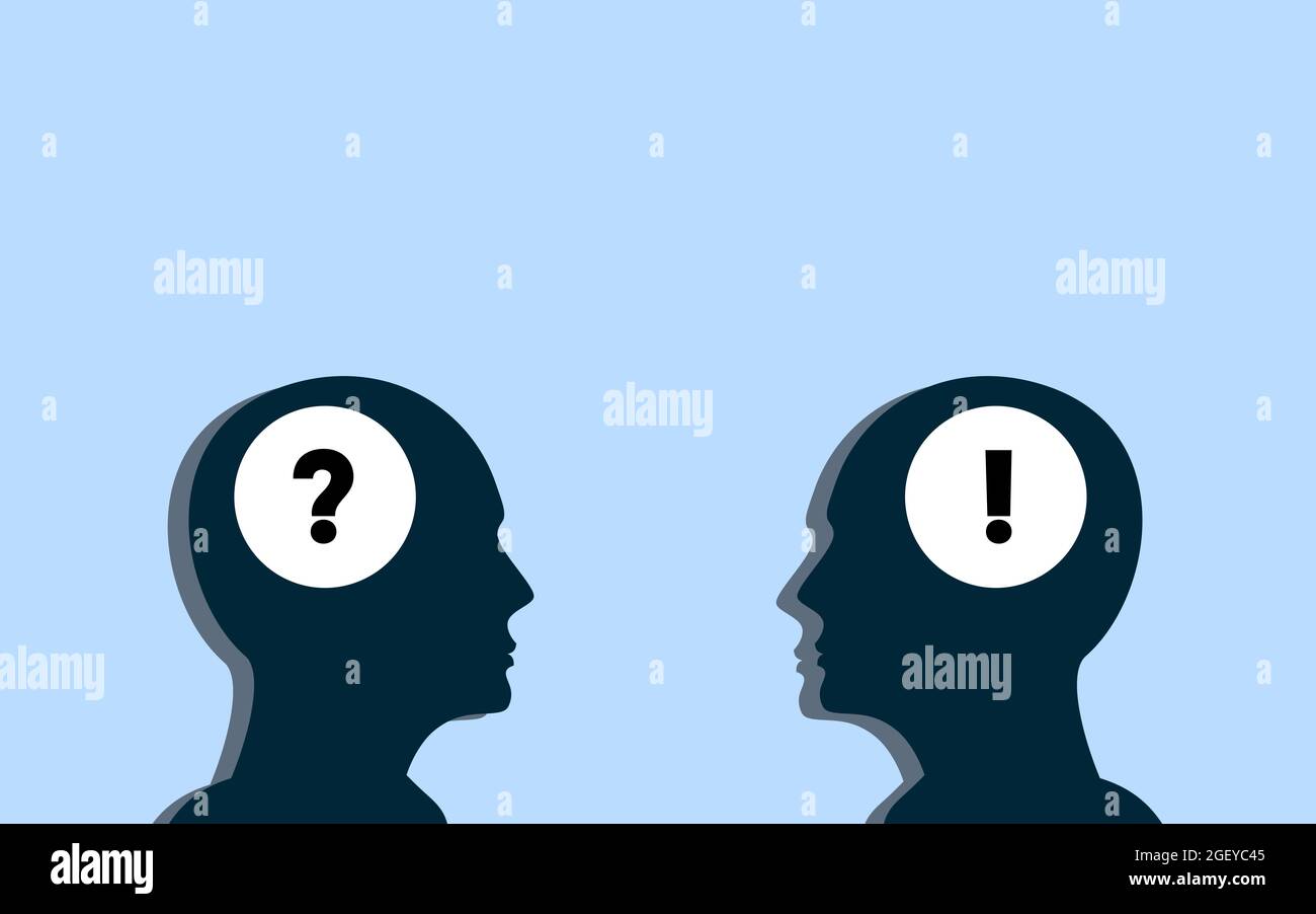 question mark and exclamation point in two human head. One man have a question and other man have an exhalation. Human communication and interview Con Stock Photo