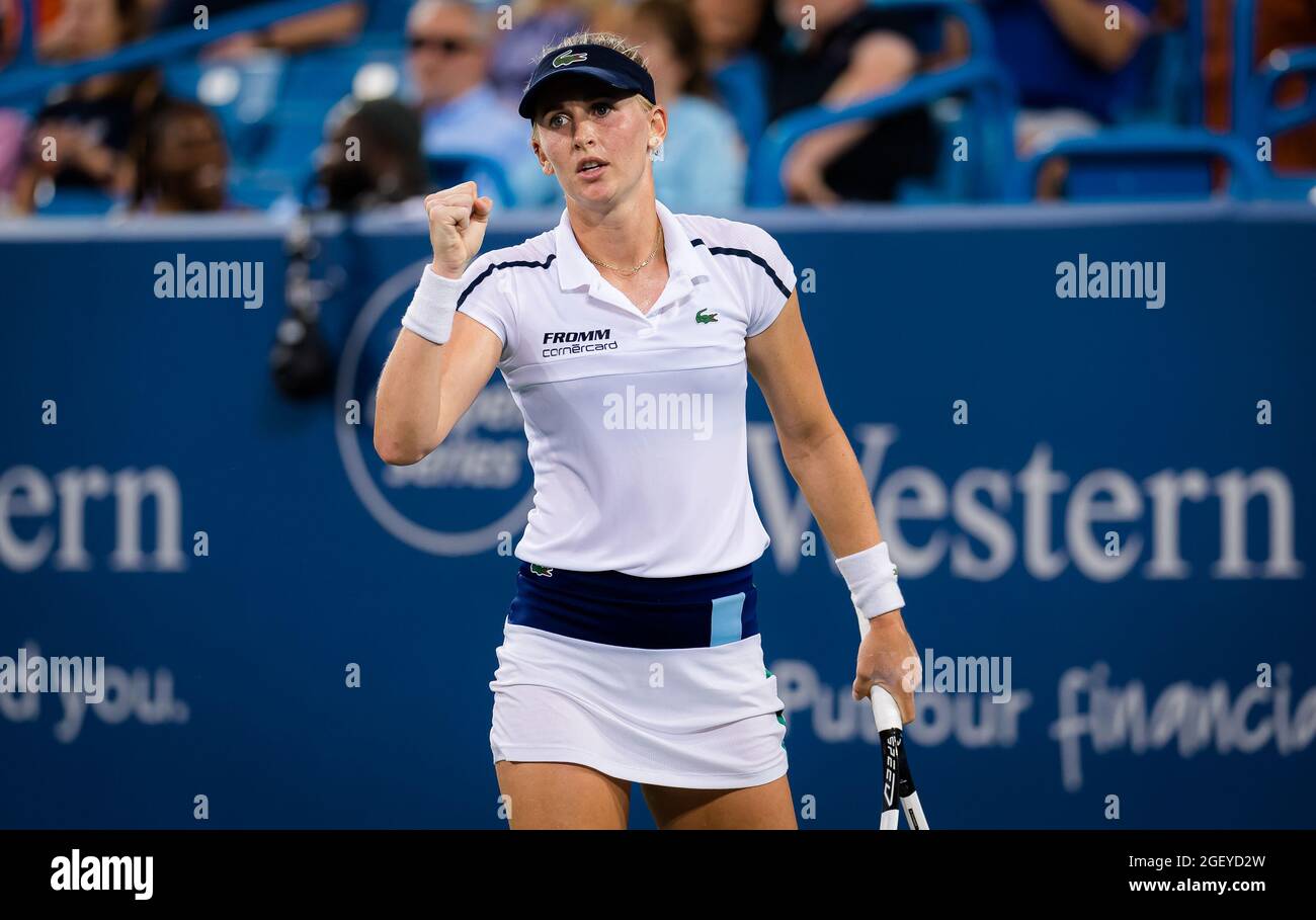 Jil Teichmann of Switzerland in action during her third round match at the  2021 Western & Southern Open WTA 1000 tennis tournament against Naomi Osaka  of Japan on August 19, 2021 at