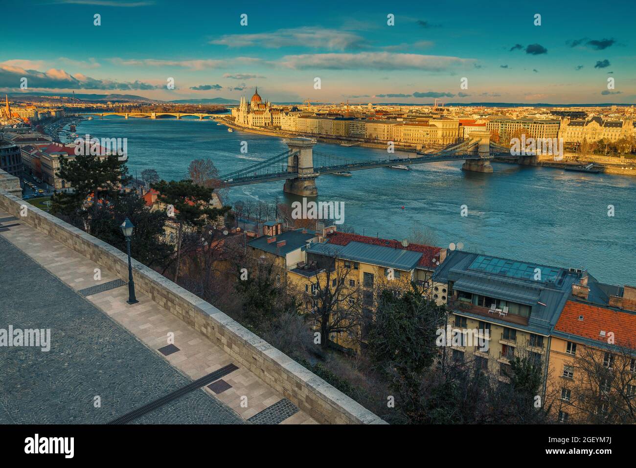 Stunning panoramic view from the Buda castle with Chain bridge over the Danube river and amazing shoreline, Budapest, Hungary, Europe Stock Photo