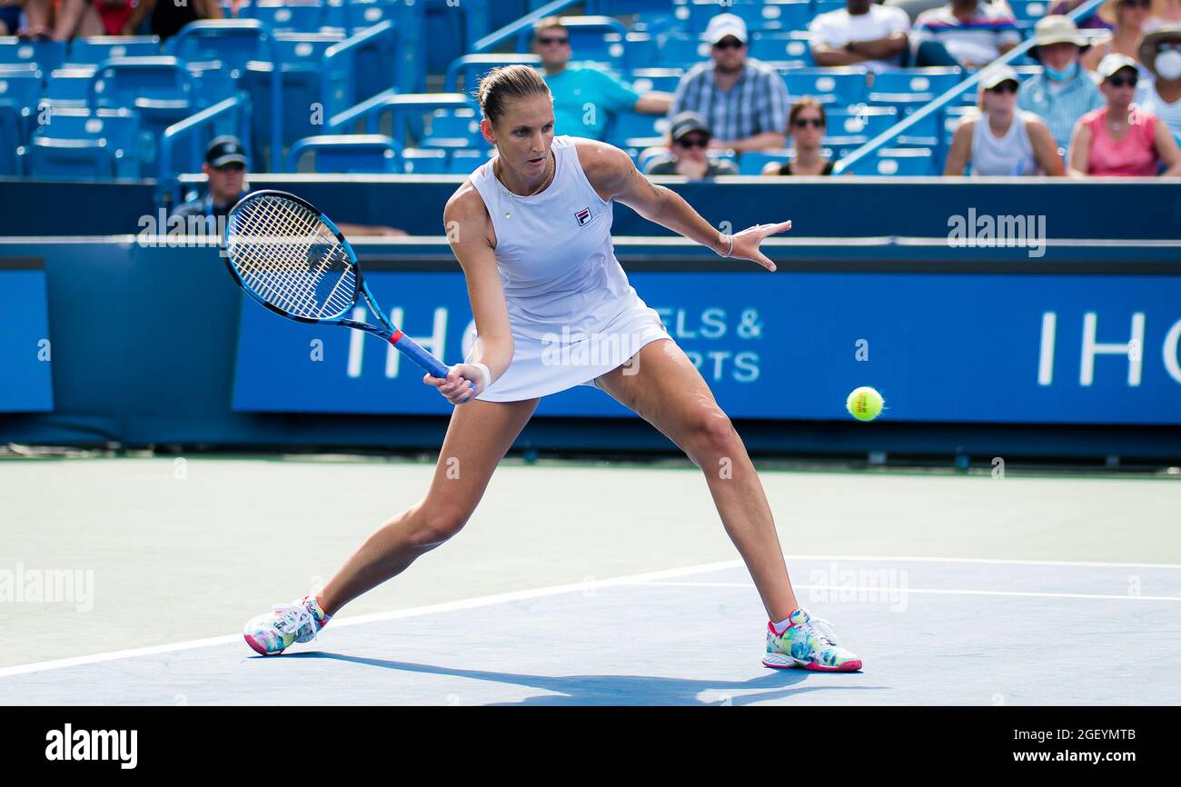 Karolina Pliskova of the Czech Republic in action during the semi-final at  the 2021 Western & Southern Open WTA 1000 tennis tournament against Jil  Teichmann of Switzerland on August 21, 2021 at