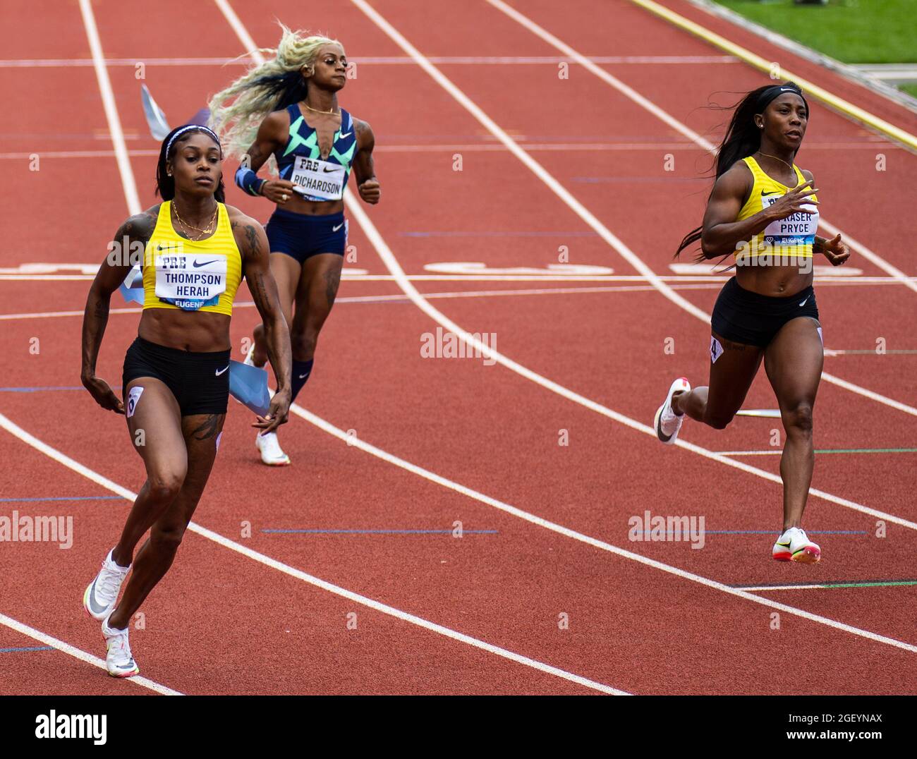 August 21, 2021 Eugene OR USA: Elaine Thompson-Herah, ShaÕCarri Richardson  and Shelly Ann Fraser-Pryce ran the womens 100 meters during the Nike  Prefontaine Classic. Elaine won the 100 meters and set 5