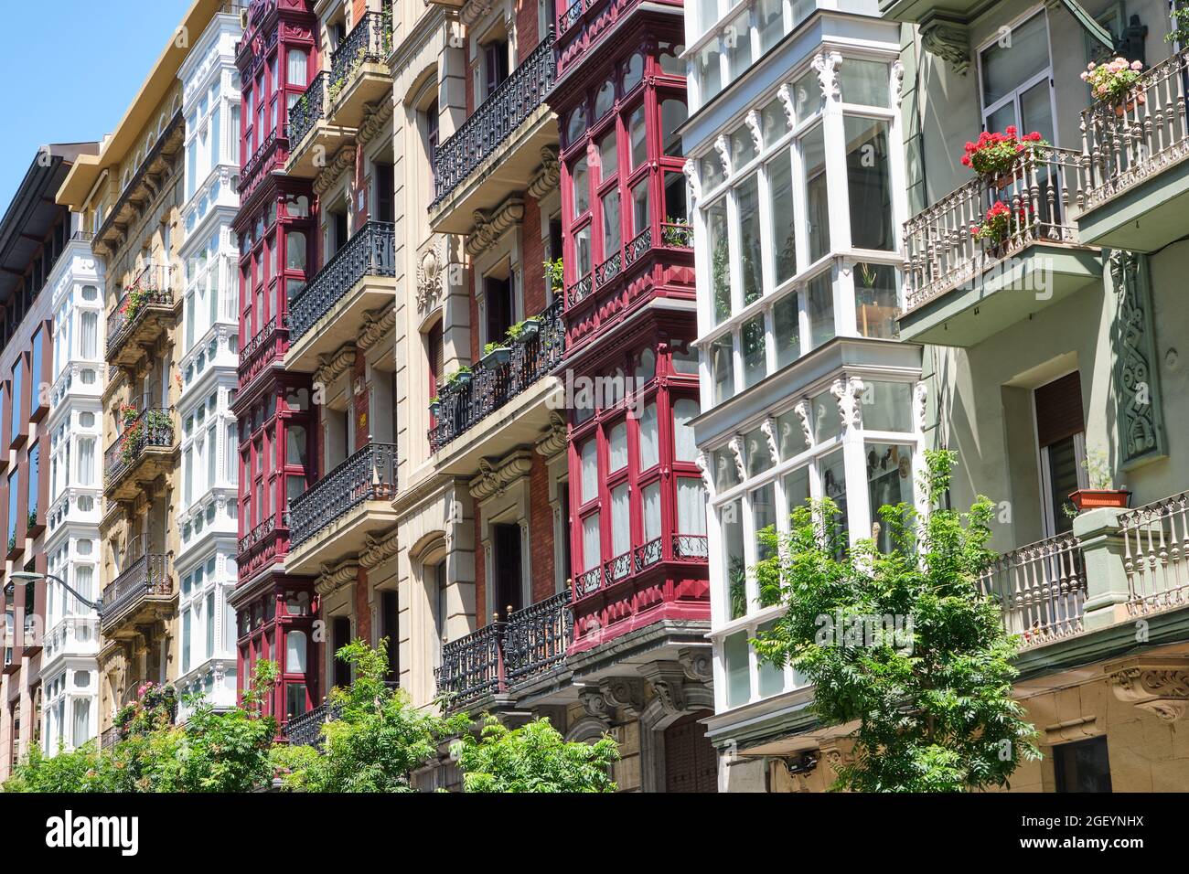 Some classic house facades of the old town of Bilbao in Spain Stock ...