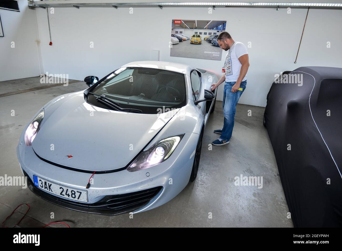 Nurburg, Germany August 20, 2015. Garage of racing rental training sports cars. Road to race