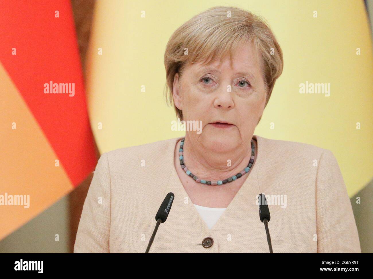 German Chancellor Angela Merkel attends a joint news conference with Ukrainian President Volodymyr Zelenskiy following their talks at the Mariyinsky Palace in Kyiv, Ukraine August 22, 2021. Sergey Dolzhenko/Pool via REUTERS Stock Photo