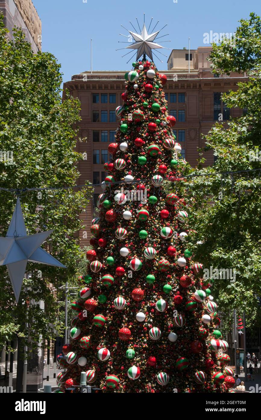 Sydney Australia, view along Martin Place with a Christmas tree and decorations Stock Photo