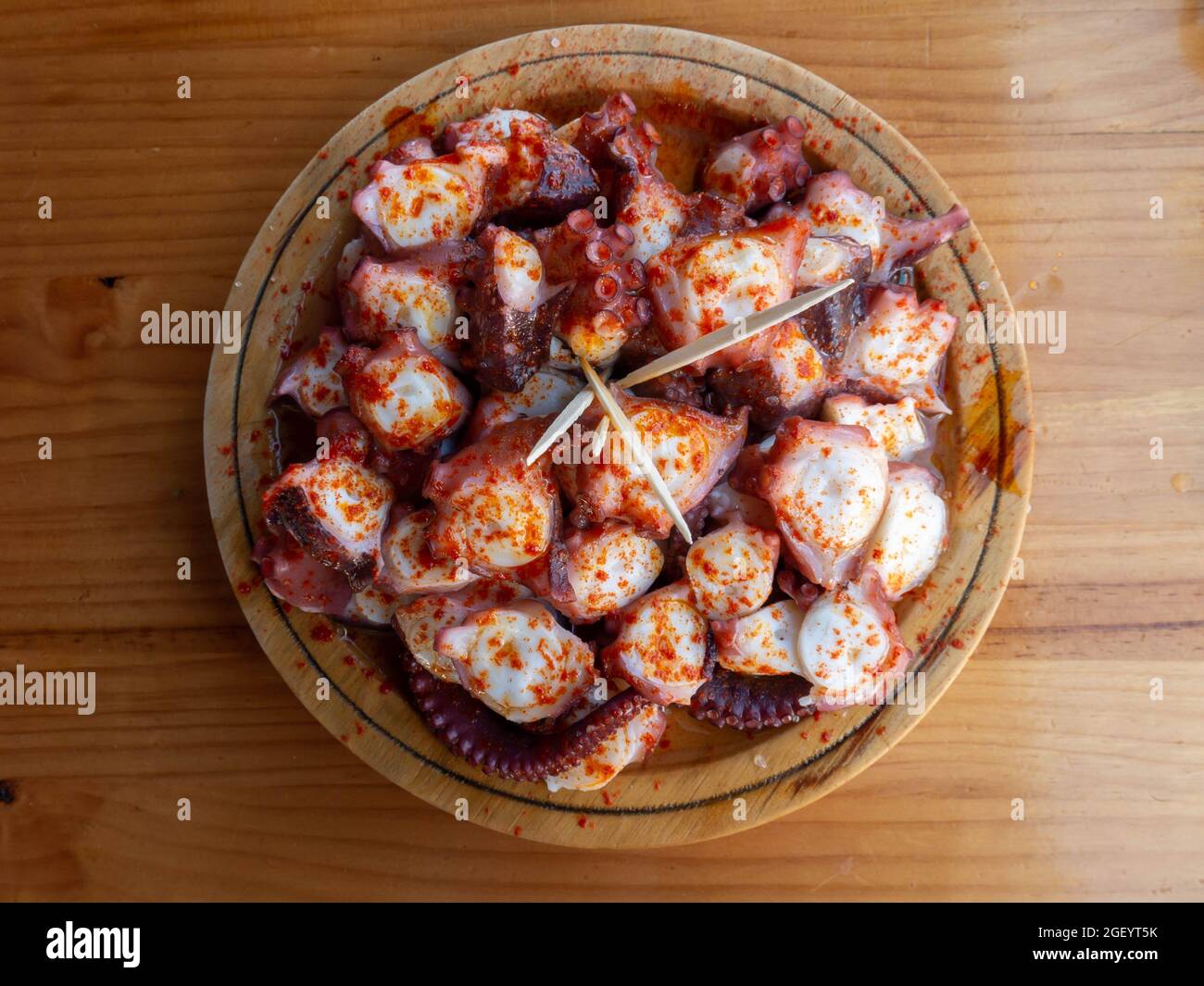 Polbo a feira meaning fair-style octopus in gallego or pulpo a la gallega in Spanish meaning Galician-style octopus a traditional Galician dish top vi Stock Photo