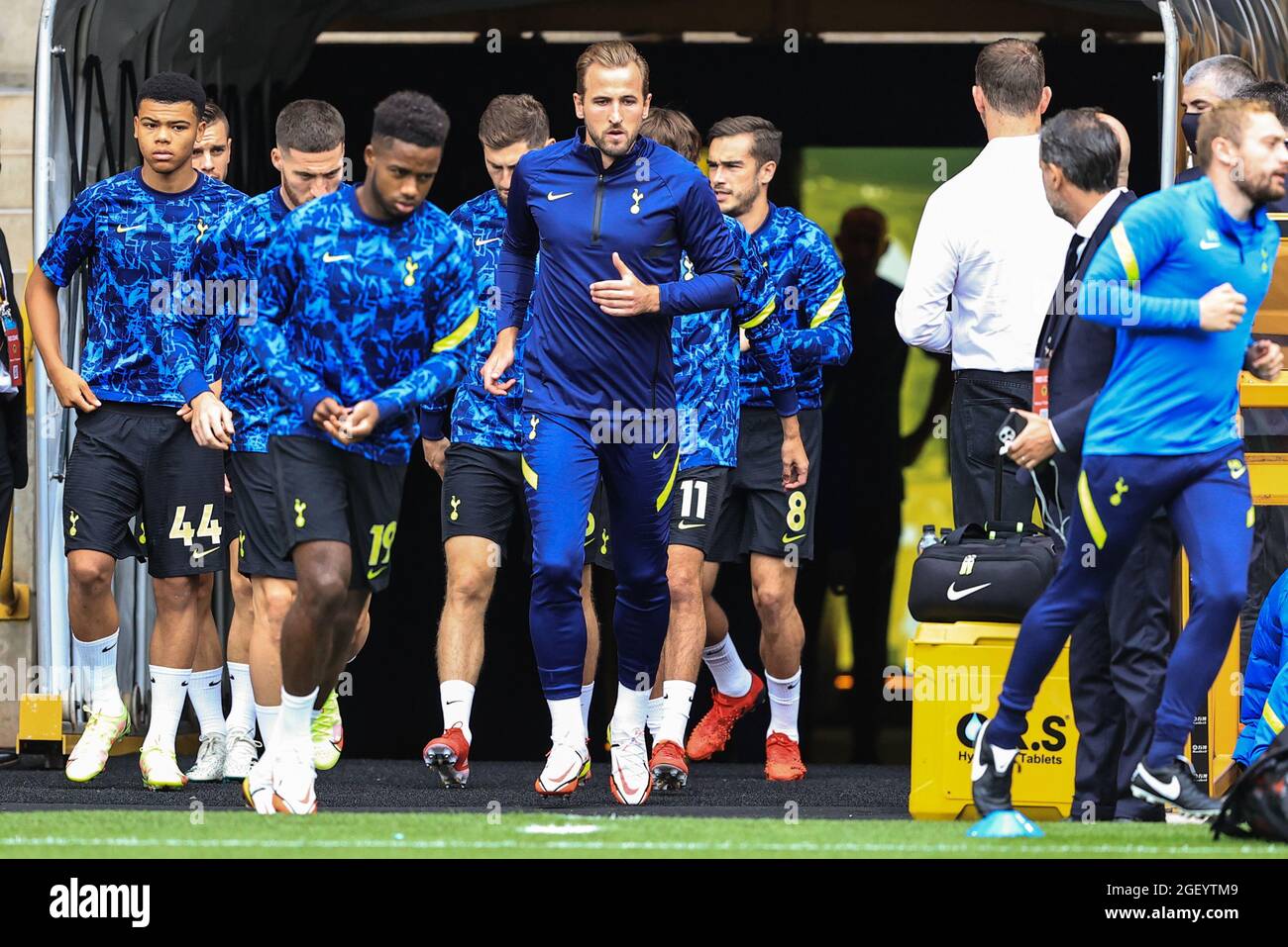 Harry Kane #10 of Tottenham Hotspur stars on the bench s he comes out to  warm up Stock Photo - Alamy
