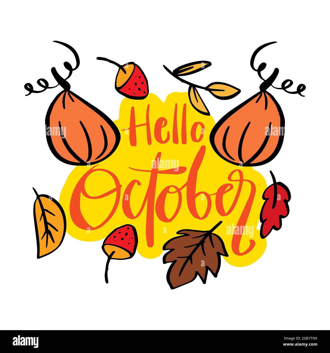 Hello October hand lettering card with doodle pumpkin and leaves Stock