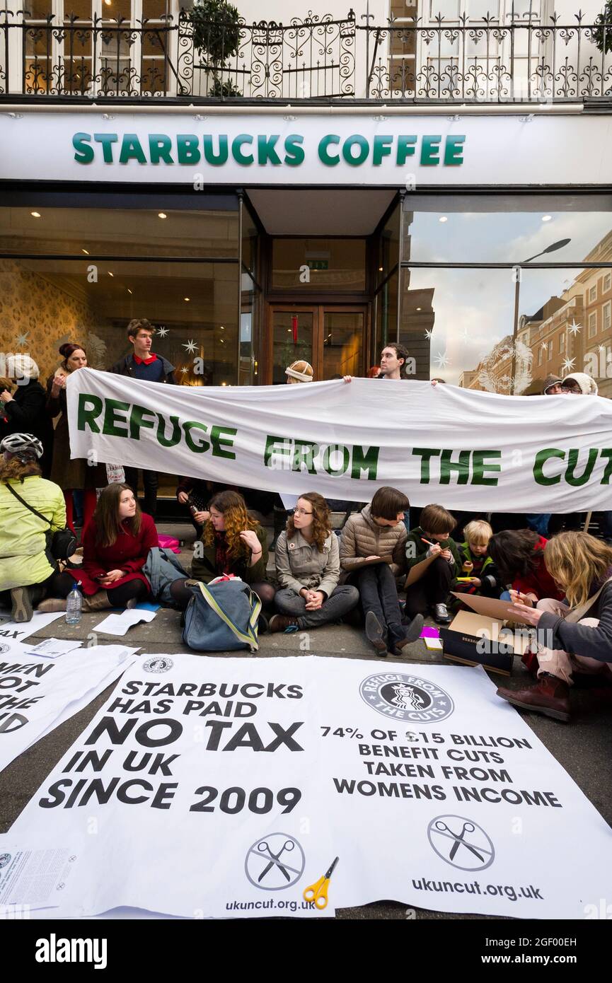 Protests outside the Starbucks Coffee shop, 6A Vigo Street, London, UK