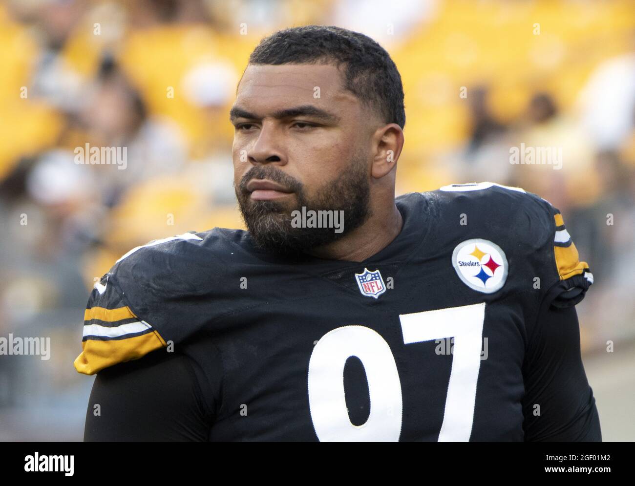 Pittsburgh Steelers defensive tackle Cameron Heyward (97) during  warmups of the Steelers 26-20 preseason win over the Detroit Lions at Heinz Field on August 21, 2021 in Pittsburgh.  Photo by Archie Carpenter/UPI Stock Photo