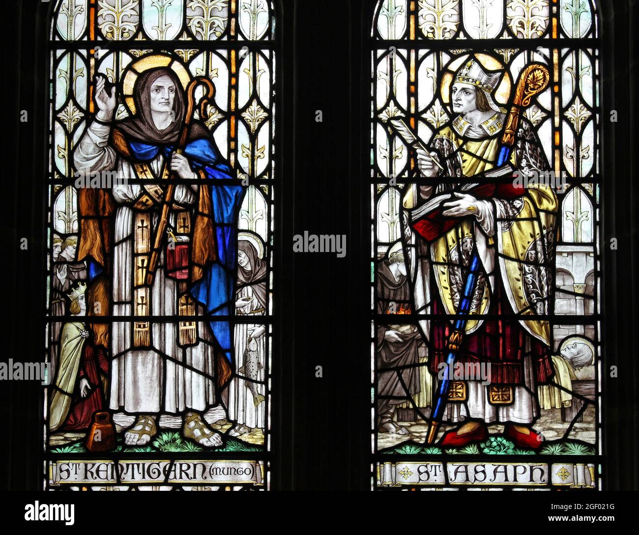 Stained Glass Window Depicting St Kentigern a.k.a. St Mungo and St Asaph in St Asaph Cathedral, Wales Stock Photo