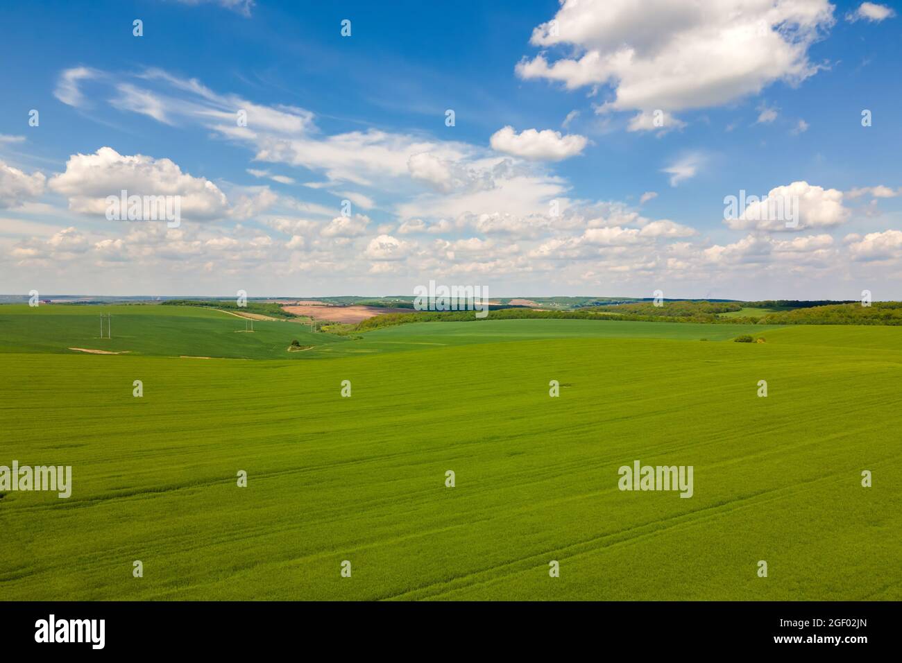 Aerial landscape view of green cultivated agricultural fields with ...