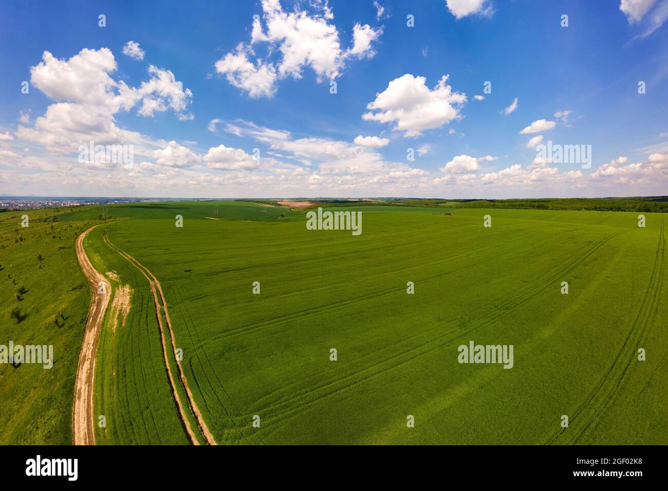 Aerial landscape view of green cultivated agricultural fields with ...