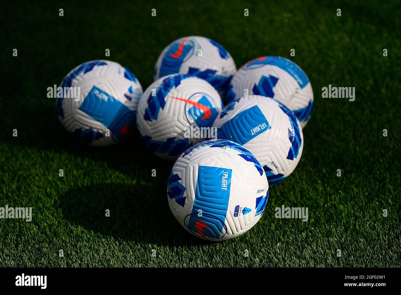Milan, Italy. 21 August 2021. Official Serie A match balls 'Nike Flight' are seen prior to the Serie A football match between FC Internazionale and Genoa CFC. Credit: Nicolò Campo/Alamy Live News Stock Photo