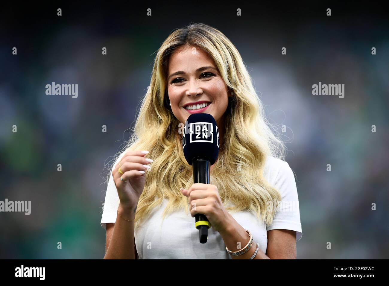 Milan Italy 21 August 21 Diletta Leotta Anchor Of Dazn Broadcasts Smiles Prior To The Serie