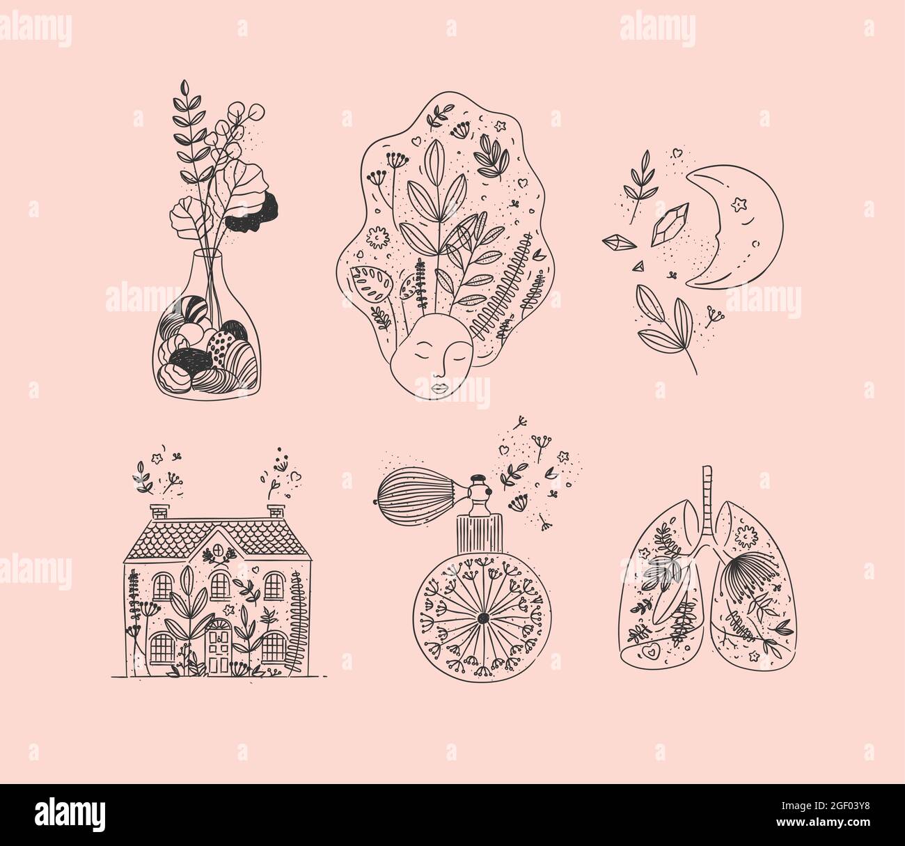 Set of floral art icons in hand made line style vase of flowers, woman face, moon, house, perfume bottle, human lungs drawing on light brown backgroun Stock Vector
