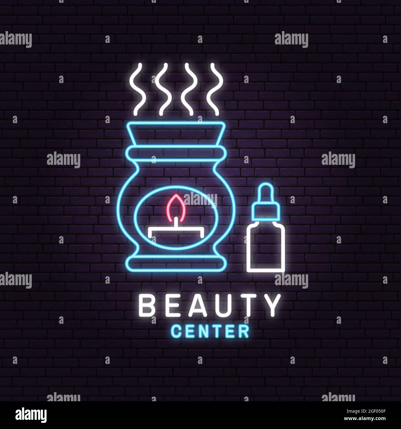 Neon sign. Beauty center with ceramic candle aroma oil lamp for logo, label, badge, sign, emblem Set for cosmetics, jewellery, beauty and handmade Stock Vector