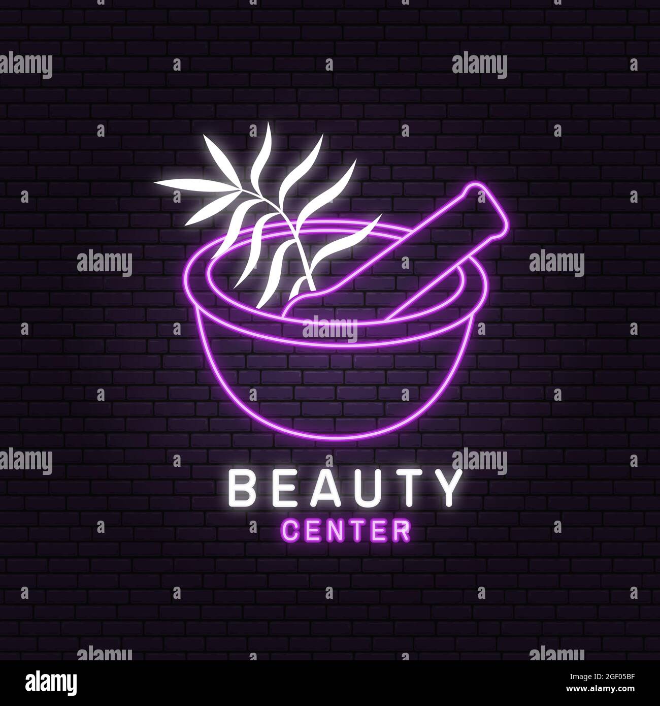 Neon sign. Beauty center with flowers, mortar and pestle for logo, label, badge, sign, emblem. For cosmetics, jewellery, beauty and handmade products Stock Vector