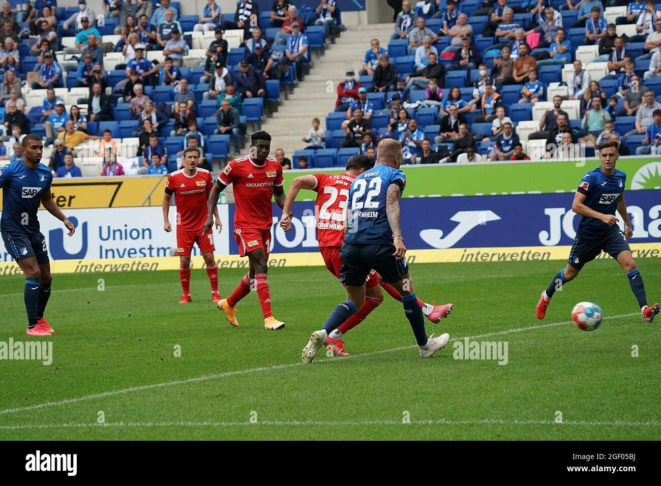 08/22/2021, PreZero-Arena, Sinsheim, GER, 1.FBL, TSG 1899 Hoffenheim vs Union Berlin, DFL regulations prohibit any use of photographs as image sequences and / or quasi-video. in the picture Niko Giesselmann (Union Berlin) scores the goal for 0: 1. Stock Photo