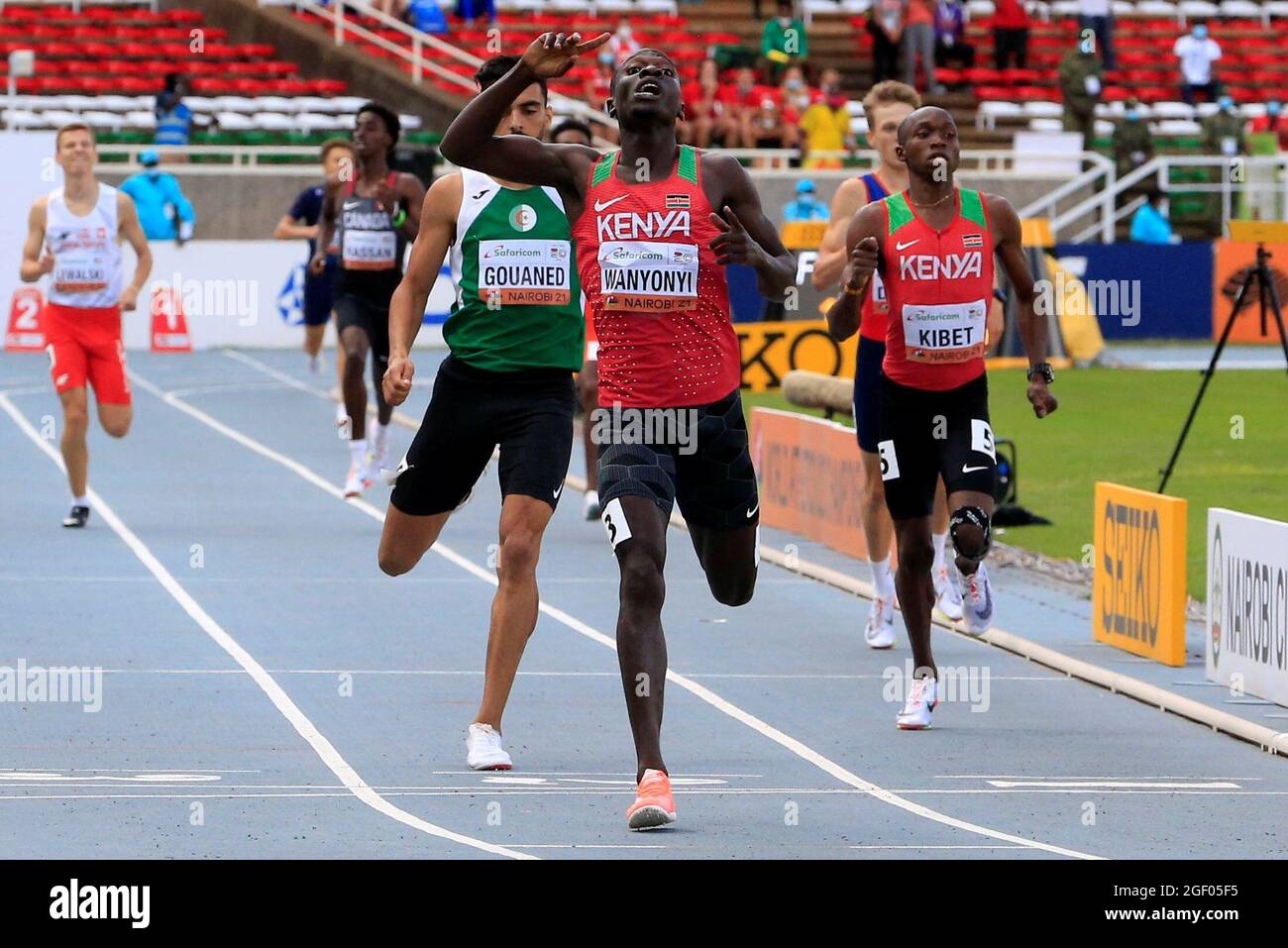 Athletics - 2021 World Athletics U20 Championships - Kenya's Emmanuel Wanyonyi crosses the line to win in the Men's 800m Final - Kasarani Stadium, Nairobi, Kenya - August 22, 2021. REUTERS/Thomas Mukoya Stock Photo