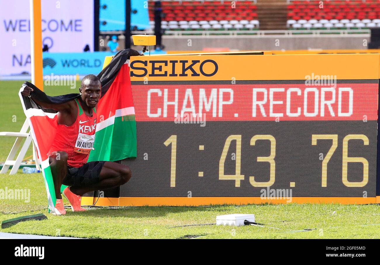 Athletics - 2021 World Athletics U20 Championships - Kenya's Emmanuel Wanyonyi celebrates after winning in the Men's 800m Final - Kasarani Stadium, Nairobi, Kenya - August 22, 2021. REUTERS/Thomas Mukoya Stock Photo