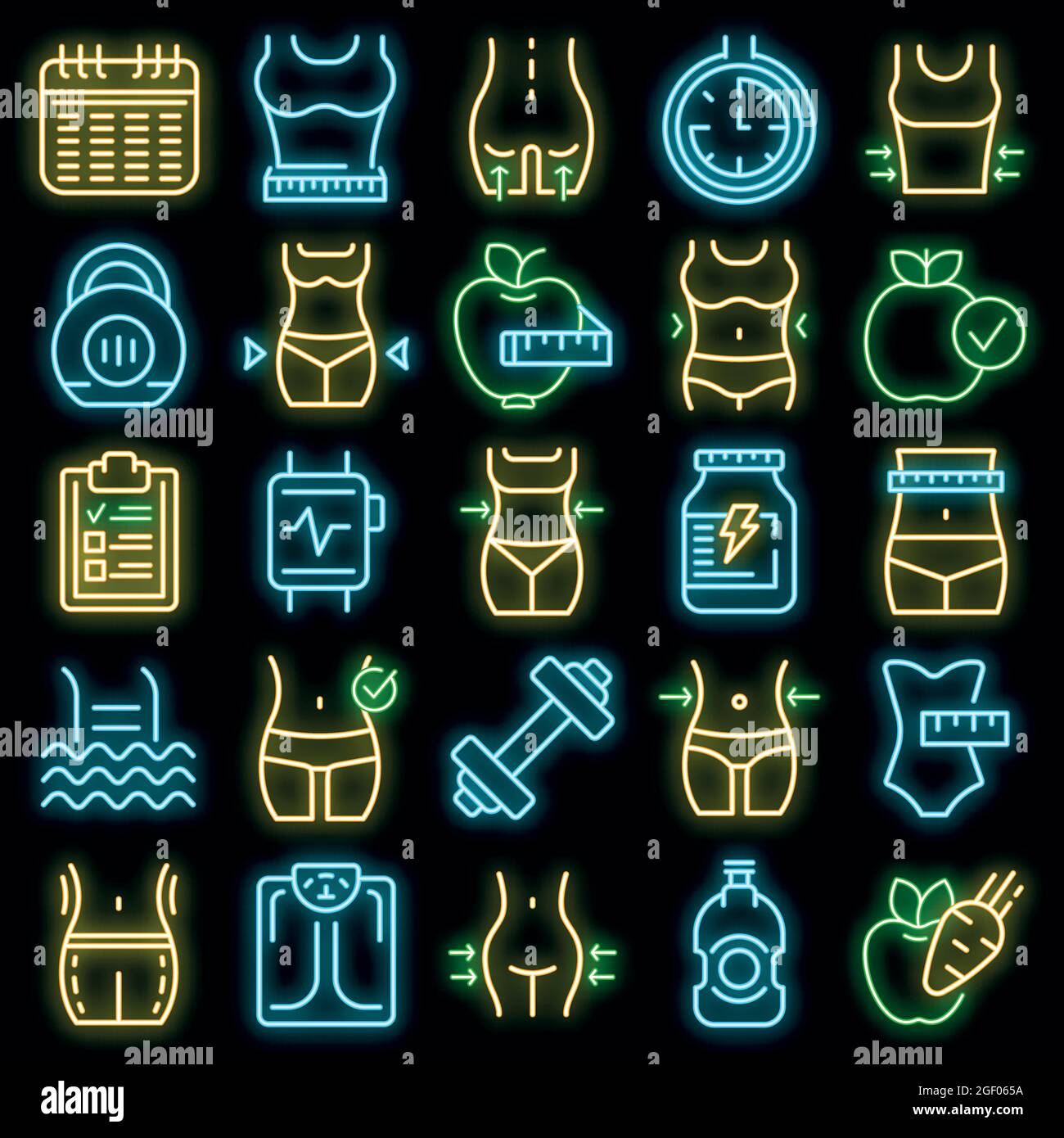 Slimming icons set. Outline set of slimming vector icons neon color on